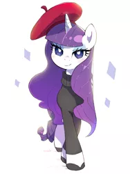 Size: 2400x3200 | Tagged: safe, artist:nendo, derpibooru import, rarity, pony, unicorn, sweet and elite, alternate hairstyle, beatnik rarity, beret, clothes, cute, female, hat, high res, looking at you, mare, raribetes, simple background, solo, sweater, white background