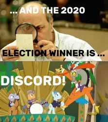 Size: 2880x3240 | Tagged: safe, derpibooru import, edit, edited screencap, screencap, discord, draconequus, earth pony, human, pony, unicorn, dungeons and discords, 2020, 2020 election, 2020 presidential election, argument in the comments, base, bipedal, drum kit, drums, irl, irl human, male, musical instrument, photo, politics, saxophone, stallion, zoot suit