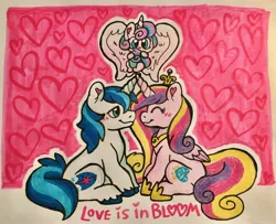 Size: 3721x3024 | Tagged: safe, artist:raystarkitty, derpibooru import, princess cadance, princess flurry heart, shining armor, alicorn, pony, unicorn, baby, baby pony, blushing, eyes closed, family, female, heart, horn, horns are touching, love is in bloom, male, mare, shiningcadance, shipping, sitting, smiling, stallion, straight, traditional art