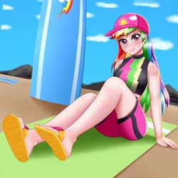 Size: 2000x2000 | Tagged: safe, artist:focusb, derpibooru import, rainbow dash, equestria girls, baseball cap, beach towel, cap, clothes, female, hat, human coloration, looking at you, sandals, sexy, smiling, solo, stupid sexy rainbow dash, surfboard, swimsuit, towel