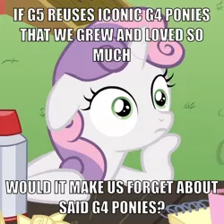 Size: 500x500 | Tagged: safe, derpibooru import, edit, edited screencap, screencap, sweetie belle, pony, unicorn, ponyville confidential, caption, cropped, exploitable meme, female, filly, floppy ears, image macro, meme, obligatory pony, op is a duck, solo, sudden clarity sweetie belle, text