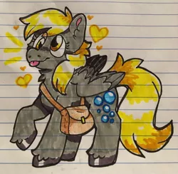 Size: 1280x1251 | Tagged: safe, artist:raystarkitty, derpibooru import, derpy hooves, pegasus, pony, :p, female, floating heart, heart, lined paper, mailbag, mare, shoulder bag, solo, tongue out, traditional art, unshorn fetlocks