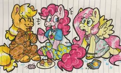 Size: 1280x767 | Tagged: safe, artist:raystarkitty, derpibooru import, applejack, fluttershy, pinkie pie, earth pony, pegasus, pony, clothes, cupcake, drink, drinking, drinking straw, female, food, lined paper, nightgown, pajamas, sitting, sleepover, slumber party, snacks, traditional art, trio