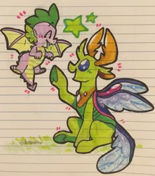 Size: 1132x1280 | Tagged: safe, artist:raystarkitty, derpibooru import, spike, thorax, changedling, changeling, dragon, cute, cuteling, duo, duo male, flying, king thorax, lined paper, male, smiling, spikabetes, thorabetes, traditional art, winged spike