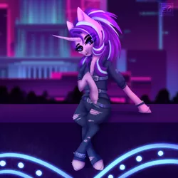 Size: 2156x2160 | Tagged: safe, artist:elektra-gertly, derpibooru import, starlight glimmer, pony, unicorn, alternate hairstyle, city, clothes, curved horn, edgelight glimmer, gameloft interpretation, goth, horn, jeans, pants, ripped jeans, ripped pants, sitting, solo, torn clothes