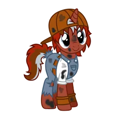 Size: 4500x4500 | Tagged: artist needed, safe, derpibooru import, oc, oc:rust yards, unofficial characters only, pony, unicorn, backwards ballcap, baseball cap, cap, clothes, cute, dirty, female, grease monkey, hat, simple background, smiling, solo, stains, torn clothes, transparent background, vector