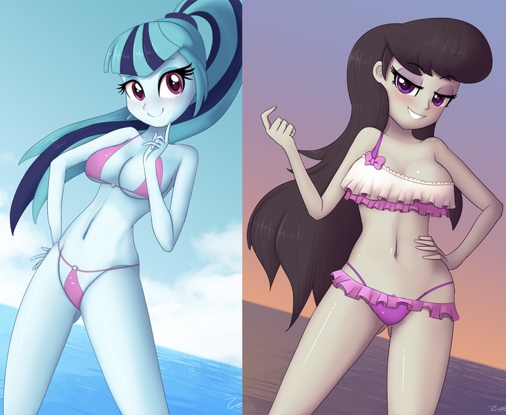 Size: 1318x1080 | Tagged: suggestive, artist:zelc-face, derpibooru import, edit, edited edit, octavia melody, sonata dusk, equestria girls, rainbow rocks, adorasexy, alternative cutie mark placement, attached skirt, beach babe, beckoning, bedroom eyes, belly button, bikini, bikini babe, blushing, breasts, busty octavia, busty sonata dusk, cleavage, clothes, cloud, crotchmark, cute, eyeshadow, female, frilled swimsuit, hand on hip, lesbian, looking at you, makeup, multi-strap swimsuit, o-ring swimsuit, pink swimsuit, ponytail, purple swimsuit, sexy, shipping, shipping fuel, sideboob, skirt, sky, smiling, solo, solo female, sonatabetes, sontavia, stupid sexy octavia, stupid sexy sonata dusk, swimsuit, tricolor swimsuit, underass, underboob, water, zelc-face's swimsuits