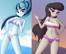 Size: 1318x1080 | Tagged: suggestive, artist:zelc-face, derpibooru import, edit, edited edit, octavia melody, sonata dusk, equestria girls, rainbow rocks, adorasexy, alternative cutie mark placement, attached skirt, beach babe, beckoning, bedroom eyes, belly button, bikini, bikini babe, blushing, breasts, busty octavia, busty sonata dusk, cleavage, clothes, cloud, crotchmark, cute, eyeshadow, female, frilled swimsuit, hand on hip, lesbian, looking at you, makeup, multi-strap swimsuit, o-ring swimsuit, pink swimsuit, ponytail, purple swimsuit, sexy, shipping, shipping fuel, sideboob, skirt, sky, smiling, solo, solo female, sonatabetes, sontavia, stupid sexy octavia, stupid sexy sonata dusk, swimsuit, tricolor swimsuit, underass, underboob, water, zelc-face's swimsuits