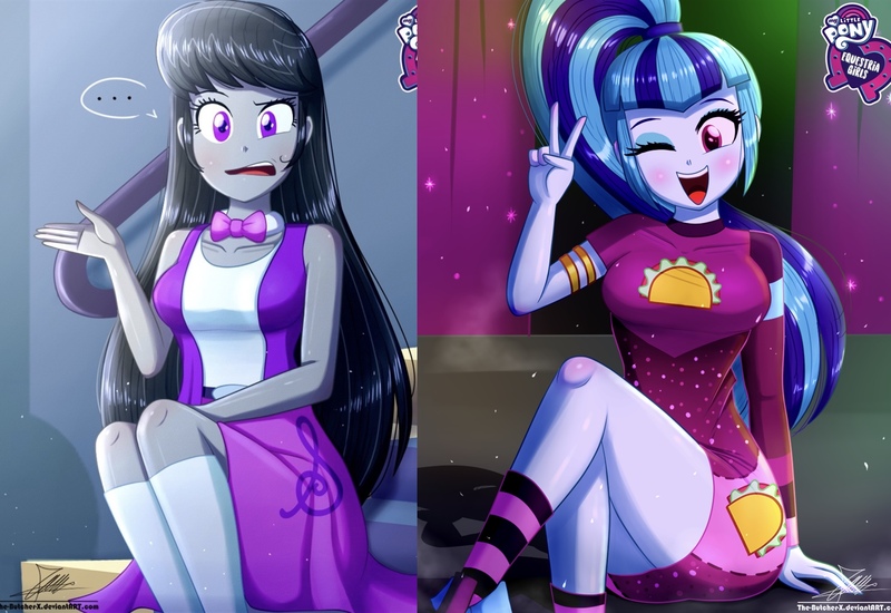 Size: 1572x1080 | Tagged: safe, artist:the-butch-x, derpibooru import, edit, edited edit, octavia melody, sonata dusk, equestria girls, blushing, clothes, collarbone, crossed legs, cute, female, hello, hello x, legs, long hair, peace sign, shipping fuel, skirt, sleeveless, socks, sonatabetes, taco dress, vest