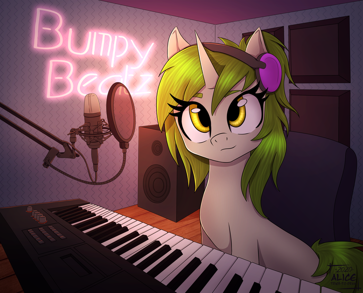 Size: 4138x3345 | Tagged: safe, artist:alicetriestodraw, derpibooru import, oc, oc:bumpy beatz, pony, unicorn, cute, headphones, keyboard, microphone, musical instrument, neon, recording studio, sitting, solo, speaker, synthesizer