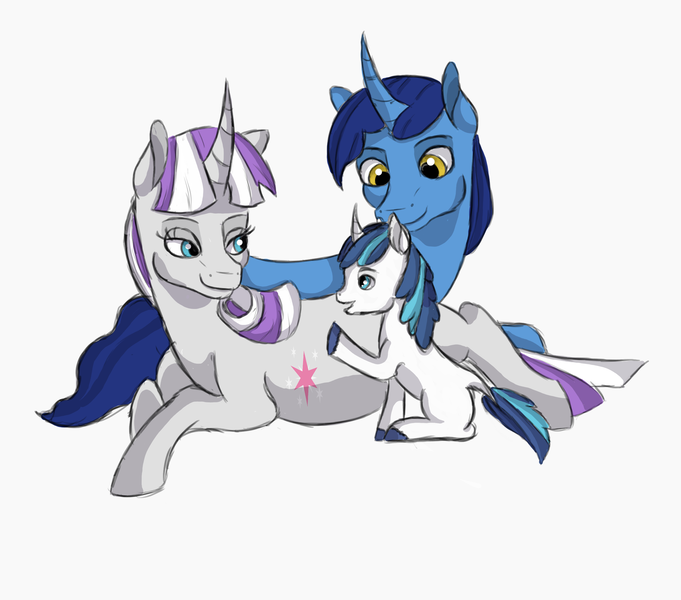 Size: 2430x2140 | Tagged: safe, artist:sam-i-amsketches, derpibooru import, night light, shining armor, twilight velvet, pony, unicorn, blank flank, colt, colt shining armor, curved horn, family, father and child, father and son, female, horn, implied twilight sparkle, looking back, lying down, male, mare, mother and child, mother and father, mother and son, nightvelvet, pregnant, prone, shipping, simple background, stallion, straight, white background, younger