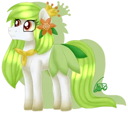 Size: 1024x911 | Tagged: safe, artist:spokenmind93, derpibooru import, oc, unofficial characters only, earth pony, lilligant, adoptable, clothes, crown, earth pony oc, flower, flower in hair, jewelry, pokémon, ponikemon, ponymon, regalia, ribbon, scarf, simple background, solo, transparent background