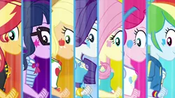 Size: 1920x1080 | Tagged: safe, derpibooru import, screencap, applejack, fluttershy, pinkie pie, rainbow dash, rarity, sci-twi, sunset shimmer, twilight sparkle, equestria girls, equestria girls series, rollercoaster of friendship, alternative cutie mark placement, applejack's hat, bowtie, bracelet, breasts, clothes, cowboy hat, cutie mark, cutie mark on clothes, denim skirt, facial cutie mark, female, geode of empathy, geode of fauna, geode of shielding, geode of sugar bombs, geode of super speed, geode of super strength, geode of telekinesis, glasses, hat, headband, hoodie, humane five, humane seven, humane six, jacket, jewelry, leather, leather jacket, magical geodes, necklace, rarity peplum dress, shirt, side view, skirt, smiling, t-shirt, tanktop, transformation, transformation sequence, vest