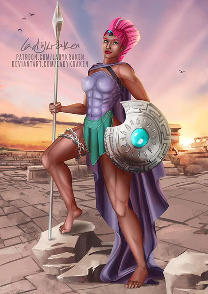 Size: 636x900 | Tagged: suggestive, artist:ladykraken, derpibooru import, tempest shadow, human, armor, breasts, cape, clothes, female, humanized, shield, solo, solo female, spear, weapon