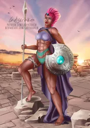 Size: 636x900 | Tagged: suggestive, alternate version, artist:ladykraken, derpibooru import, tempest shadow, human, abs, armor, barefoot, breasts, clothes, feet, female, humanized, panties, shield, solo, solo female, spear, unconvincing armor, underwear, weapon