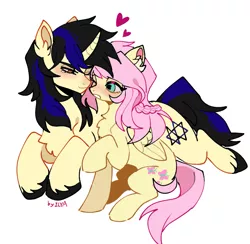 Size: 1385x1354 | Tagged: safe, artist:ilya, derpibooru import, fluttershy, oc, oc:forestar, pegasus, pony, unicorn, canon x oc, cute, female, flutterstar, love, male, mare, shipping, shy, stallion, straight