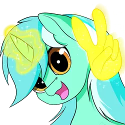 Size: 1000x1000 | Tagged: safe, artist:arcuswind, derpibooru import, lyra heartstrings, pony, unicorn, bust, female, glowing horn, hand, horn, looking at you, magic, magic hands, mare, open mouth, peace sign, portrait, simple background, smiling, solo, transparent background