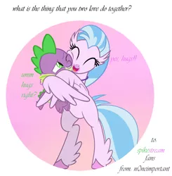Size: 2975x3038 | Tagged: safe, derpibooru import, silverstream, spike, dragon, hippogriff, bipedal, boyfriend and girlfriend, eyes closed, female, hug, male, one eye closed, open mouth, shipping, spikestream, straight, winghug