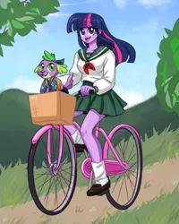 Size: 1024x1277 | Tagged: safe, artist:ameliacostanza, derpibooru import, spike, twilight sparkle, equestria girls, anime, basket, bicycle, clothes, cloud, collaboration, cosplay, costume, crossover, cute, female, inuyasha, kagome higurashi, male, shippo, skirt