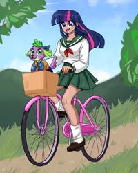 Size: 1024x1277 | Tagged: safe, artist:ameliacostanza, color edit, derpibooru import, edit, editor:michaelsety, spike, twilight sparkle, equestria girls, anime, basket, bicycle, clothes, cloud, collaboration, colored, cosplay, costume, crossover, cute, female, human coloration, inuyasha, kagome higurashi, light skin edit, male, shippo, skin color edit, skirt