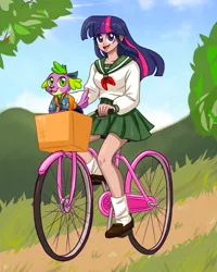 Size: 1024x1277 | Tagged: safe, artist:ameliacostanza, color edit, derpibooru import, edit, editor:michaelsety, spike, twilight sparkle, equestria girls, 80's style, anime, anime style, basket, bicycle, clothes, cloud, collaboration, colored, cosplay, costume, crossover, cute, female, human coloration, inuyasha, kagome higurashi, light skin edit, male, shippo, skin color edit, skirt