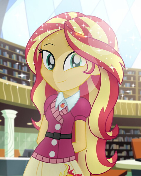 Size: 2000x2500 | Tagged: safe, artist:aryatheeditor, derpibooru import, sunset shimmer, equestria girls, amulet, belt, canterlot high, clothes, cute, cutie mark, cutie mark on clothes, digital art, female, geode of empathy, hand behind back, happy, jewelry, library, looking at you, magical geodes, outfit, photo, pretty, shimmerbetes, skirt, smiling, smiling at you, solo, stars