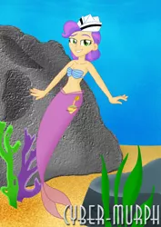 Size: 1536x2168 | Tagged: safe, artist:cyber-murph, derpibooru import, tip top, mermaid, equestria girls, equestria girls series, background human, belly, belly button, breasts, cleavage, coral, hat, mermaidized, midriff, rock, seaweed, signature, solo, species swap, underwater, waitress