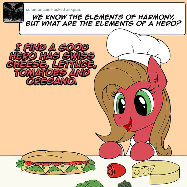 Size: 800x800 | Tagged: safe, artist:zoarvek, derpibooru import, oc, oc:pun, pony, ask pun, ask, cheese, chef's hat, food, hat, sandwich, solo, submarine sandwich, tomato