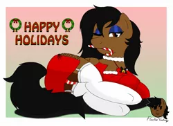 Size: 1752x1276 | Tagged: suggestive, artist:flawlessvictory20, derpibooru import, oc, oc:fabled vixen, pegasus, pony, bell, candy, candy cane, choker, christmas dress, clothes, eyeshadow, female, food, looking at each other, makeup, mare, panties, pegasus oc, socks, solo, stockings, striped panties, thigh highs, underwear, wings
