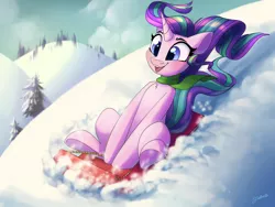 Size: 4000x3000 | Tagged: safe, artist:faline-art, derpibooru import, starlight glimmer, pony, unicorn, clothes, cute, digital art, female, glimmerbetes, high res, hill, open mouth, scarf, scenery, sitting, sled, sledding, smiling, snow, solo, wind, windswept mane, winter