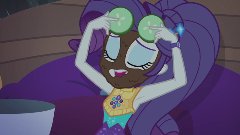 Size: 1920x1080 | Tagged: safe, derpibooru import, screencap, rarity, equestria girls, equestria girls series, inclement leather, spoiler:eqg series (season 2), armpits, bracelet, cucumber, entirely, food, geode of shielding, image, jewelry, magical geodes, mud mask, music festival outfit, png, ponytail, relaxing, sleeveless, solo