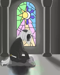 Size: 720x900 | Tagged: safe, artist:mistermech, derpibooru import, oc, oc:psalm, pony, unicorn, fallout equestria, fallout equestria: project horizons, bowed head, candle, eyes closed, fanfic art, female, horn, mare, pillar, sad, sadface, solo, stained glass, unicorn oc