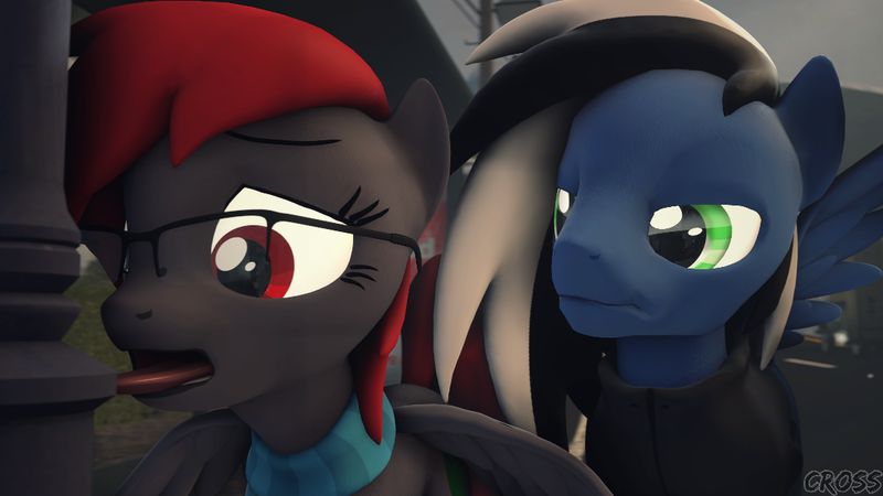 Size: 1080x608 | Tagged: safe, artist:cross76, derpibooru import, oc, oc:buffonsmash, oc:dicemare, pegasus, pony, 3d, black and white mane, blue oc, clothes, cold, eye lashes, funny, glasses, grey oc, ice, jacket, pegasus oc, photo, red eyes, red mane, scarf, silly, snow, source filmmaker, spread wings, tongue out, tongue stuck to pole, wings, wings down, winter