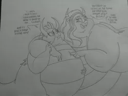 Size: 2592x1944 | Tagged: arm behind back, artist:princebluemoon3, big mina, bingo wings, derpibooru import, double chin, dragon, dragoness, duo, duo female, fat, female, grayscale, idw, mina, monochrome, morbidly obese, obese, sblobder, sketch, smolder, suggestive, traditional art