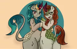 Size: 2048x1311 | Tagged: alternate version, artist:canvymamamoo, autumn blaze, belly button, bipedal, butt, circle background, cloven hooves, cute, cute little fangs, derpibooru import, duo, ear fluff, fangs, female, kirin, looking at you, open mouth, plot, rain shine, safe, smiling