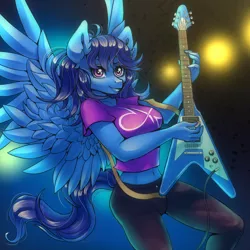 Size: 2000x2000 | Tagged: anthro, artist:pony straponi, belly button, blue, concert, derpibooru import, devin townsend, female, midriff, oc, oc:anima, pegasus, pegasus oc, performance, playing guitar, safe, solo, spread wings, unofficial characters only, wings