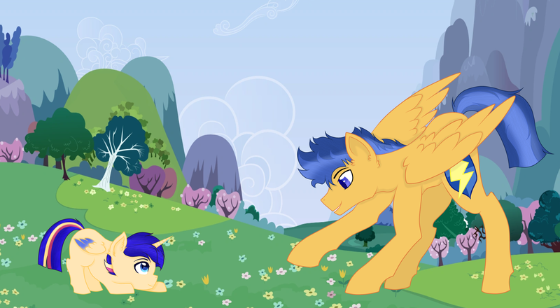 Size: 2216x1220 | Tagged: safe, artist:lightningarrow, derpibooru import, flash sentry, oc, oc:lightning arrow, alicorn, pegasus, pony, colt, father and child, father and son, learning to fly, male, meadow, offspring, papa flash, parent:flash sentry, parent:twilight sparkle, parents:flashlight, stallion