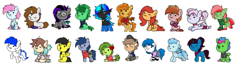 Size: 3260x900 | Tagged: safe, artist:luminousdazzle, derpibooru import, oc, oc:altus bastion, oc:banan, oc:cheeki, oc:evening skies, oc:fawndue, oc:light bluely, oc:love biscuit, oc:luminous dazzle, oc:melon patch, oc:pumpkin spice, oc:silvia dash, oc:skies, oc:soft melody, oc:speck daelyn, oc:spooky netting, oc:stuben, oc:thorn rose, oc:typical, oc:windbreaker, oc:♪, unofficial characters only, bat pony, changeling, earth pony, pegasus, pony, unicorn, clothes, collar, flower, hoodie, rose, shorts, simple background, socks, striped socks, sweater, transparent background