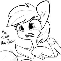 Size: 2368x2368 | Tagged: safe, artist:tjpones, derpibooru import, rainbow dash, pegasus, pony, black and white, crying, female, food, grayscale, high res, hoof hold, knife, mare, monochrome, onion, simple background, solo, teary eyes, white background