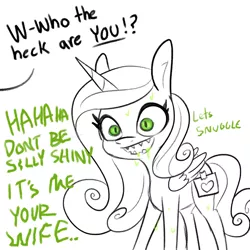 Size: 2368x2368 | Tagged: safe, artist:tjpones, derpibooru import, princess cadance, queen chrysalis, alicorn, changeling, pony, blatant lies, dialogue, disguise, disguised changeling, drool, fake cadance, fake cutie mark, female, high res, implied shining armor, monochrome, neo noir, offscreen character, paper-thin disguise, partial color, seems legit, sharp teeth, simple background, slit eyes, solo, teeth, white background