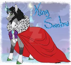 Size: 900x824 | Tagged: safe, artist:malinraf1615, derpibooru import, king sombra, pony, unicorn, alternate hairstyle, beard, cape, chest fluff, cloak, clothes, deviantart watermark, ear fluff, facial hair, horn, horn ring, jewelry, leg fluff, male, markings, obtrusive watermark, reformed, reformed sombra, ring, solo, stallion, unshorn fetlocks, watermark