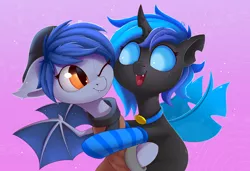 Size: 2000x1364 | Tagged: safe, artist:anti1mozg, derpibooru import, oc, oc:♪, oc:speck daelyn, unofficial characters only, bat pony, changeling, blue changeling, cheek to cheek, clothes, collar, cute, cuteling, hug, socks, striped socks, sweater