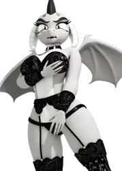 Size: 2500x3500 | Tagged: 3d, anthro, artist:argos90, bra, breasts, busty princess ember, butt, choker, clothes, covering, covering crotch, derpibooru import, dragon, dragoness, female, garter belt, grayscale, lingerie, lizard breasts, looking at you, monochrome, panties, princess ember, princess embutt, sfm pony, simple background, socks, solo, source filmmaker, source needed, stockings, stupid sexy princess ember, suggestive, thigh highs, transparent background, underwear