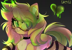 Size: 5000x3500 | Tagged: safe, artist:lazuli, derpibooru import, oc, unofficial characters only, pony, unicorn, chest fluff, choker, clothes, commission, eye clipping through hair, glasses, glowing horn, gradient background, heart, horn, signature, socks, solo, striped socks, unicorn oc, ych result