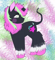 Size: 1686x1864 | Tagged: safe, artist:galacticaries, derpibooru import, oc, oc:nightflower, unofficial characters only, pony, unicorn, abstract background, horn, leonine tail, looking back, solo, unicorn oc, unshorn fetlocks