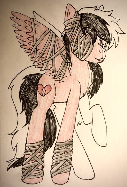 Size: 2354x3457 | Tagged: safe, artist:galacticaries, derpibooru import, oc, unofficial characters only, pegasus, pony, bandage, heartbreak, pegasus oc, raised hoof, solo, traditional art, wings