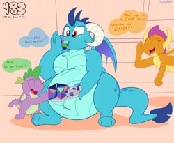 Size: 3200x2624 | Tagged: suggestive, artist:rupertbluefox, derpibooru import, princess ember, smolder, spike, dragon, series:how to gain your dragoness, belly, cheek squish, chubby, cute, dragoness, dragonlard ember, emberbetes, eyes closed, fat, fat fetish, female, fetish, full mouth, gem, hug, incentive drive, leg hug, male, smolderbetes, spikabetes, squishy cheeks, stomach growling, stomach noise, trio, weight gain, weight gain sequence, winged spike