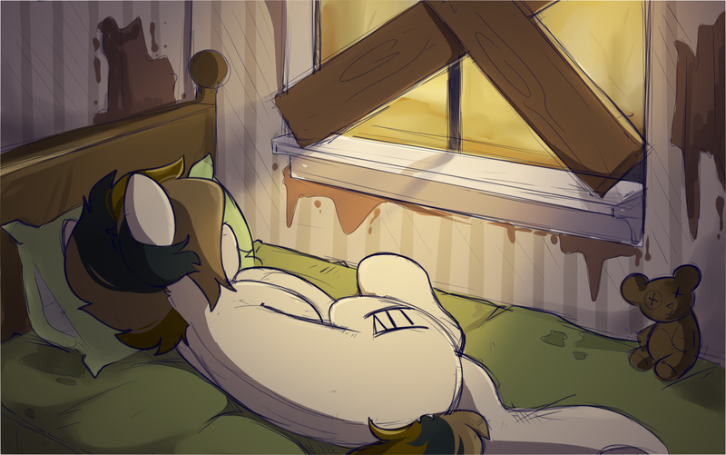 Size: 1611x1009 | Tagged: safe, artist:crimmharmony, derpibooru import, oc, oc:115, unofficial characters only, earth pony, pony, barricade, bed, bedroom, colored sketch, looking away, lying down, male, solo, sunlight, teddy bear