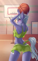 Size: 751x1200 | Tagged: suggestive, artist:dannalin, derpibooru import, limestone pie, anthro, armpits, arms in the air, ass, basketball, basketball hoop, basketball net, blushing, booty shorts, breasts, butt, clothes, door, female, gray mane, gray tail, green clothes, green eyes, gymnasium, gym shorts, limestonebutt, looking at you, looking back, looking back at you, looking over shoulder, rear view, see-through, shorts, solo, solo female, sports, sports shorts, stupid sexy limestone pie, tail wrap, tanktop, thighs, tomboy, wide hips