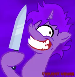 Size: 772x794 | Tagged: safe, artist:twilight_memes, derpibooru import, oc, oc:jão, pony, unicorn, base used, creepy, grin, horn, knife, logo, male, psycho, purple background, purple mane, simple background, smiling, solo, unicorn oc